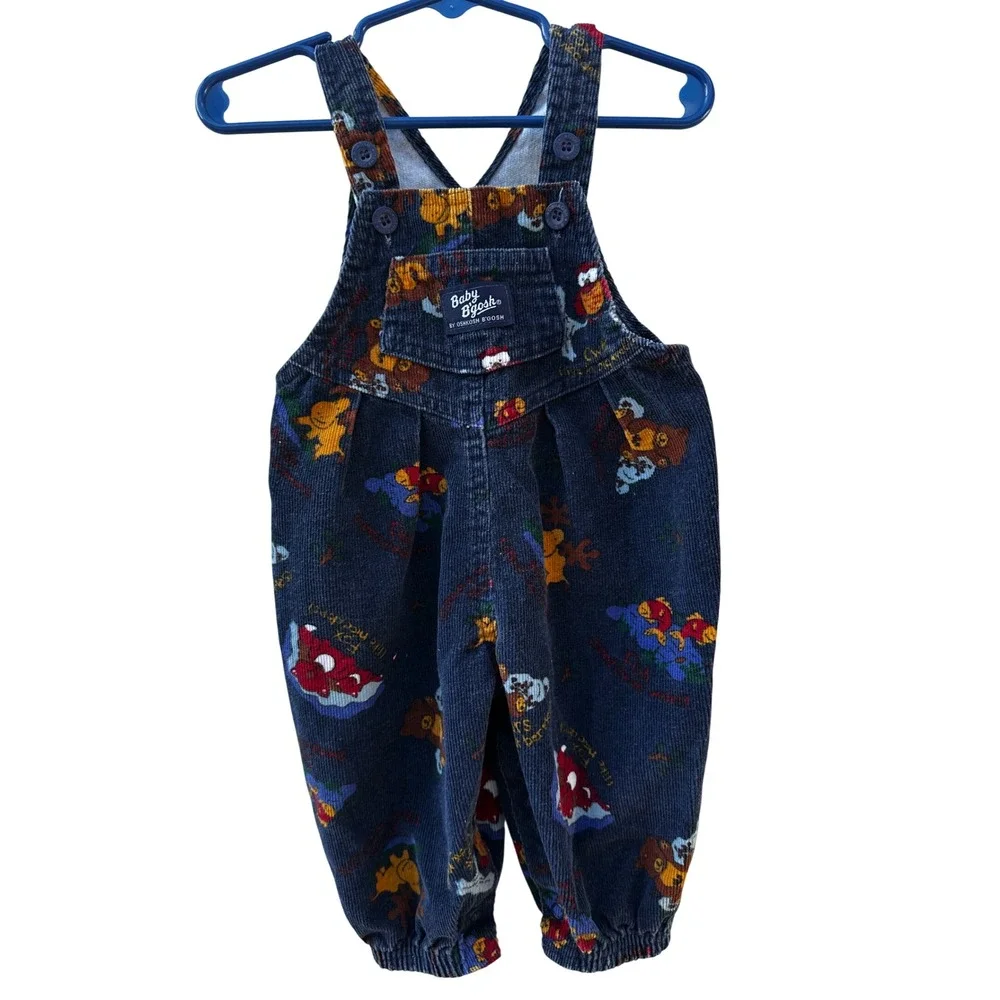 Vintage Baby OshKosh Bgosh Navy Corduroy Animal Print Overalls USA 9-12M